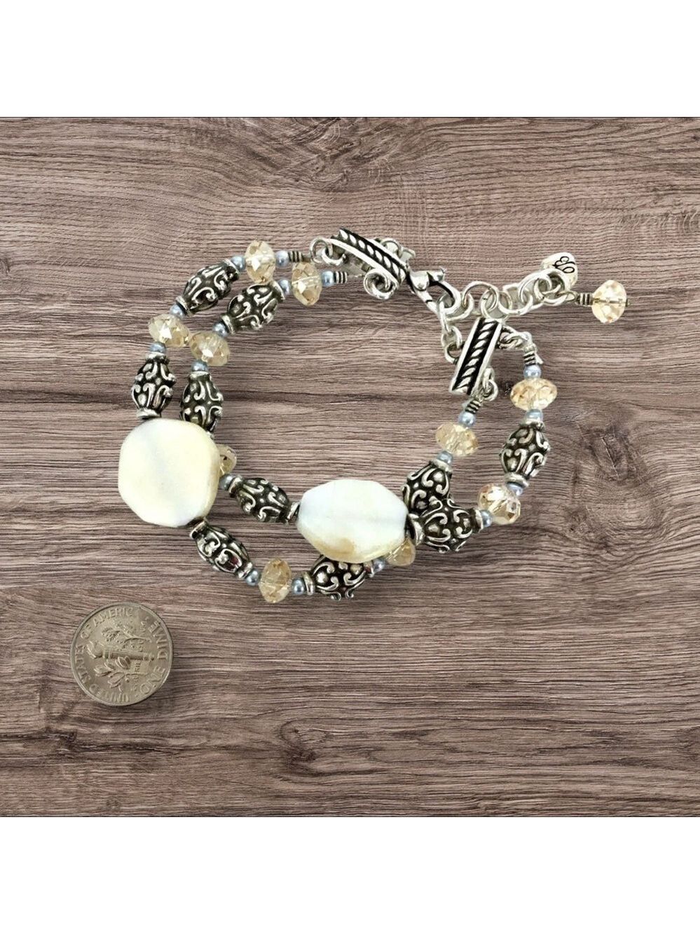 Brighton UTOPIA White-Blue Pearl Silver TWO Strand  Bracelet w/Crystal Beads